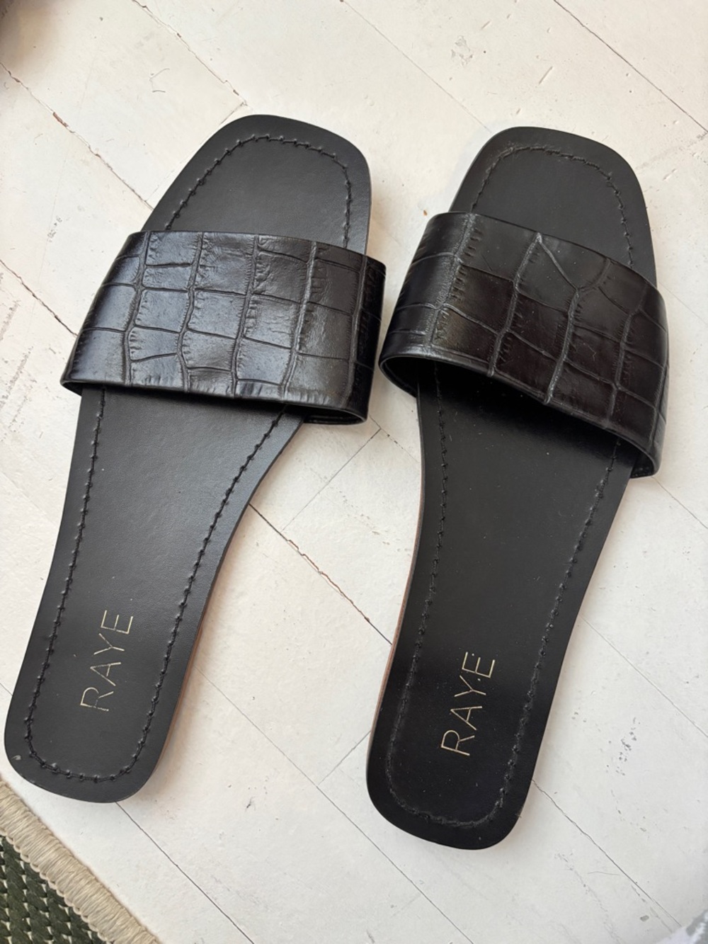 RAYE Black Croc-Embossed Slide Sandals